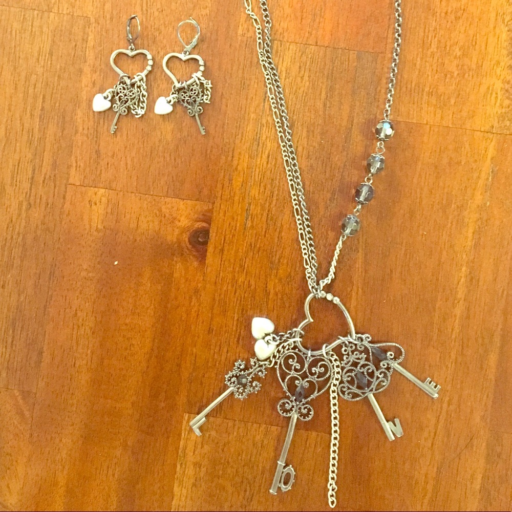 Set - Heart Necklace and Earrings with Charms